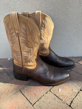 Ariat Men's Western Cowboy Boots Brown Beige Leather Embroidered Pull On Size 9D